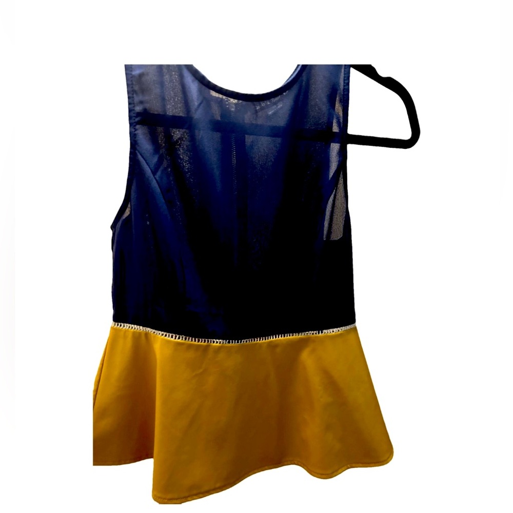 Size small, navy, and mustard color Double Zero peplum top.